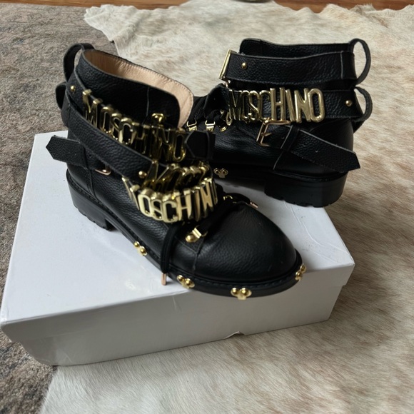 Moschino Shoes - Moschino Black Leather Ankle Boots with Gold Accents
